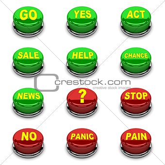 Set of 3D buttons. Red and green on white background.