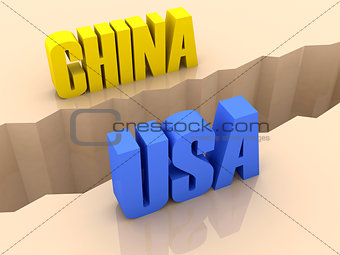 Two countries CHINA and USA split on sides, separation crack.