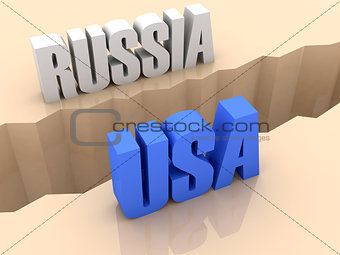 Two countries RUSSIA and USA split on sides, separation crack.