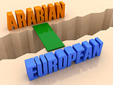 Two words ARABIAN and EUROPEAN united by bridge through separation crack.