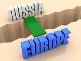 Two words RUSSIA and EUROPE united by bridge through separation crack.