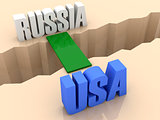 Two words RUSSIA and USA united by bridge through separation crack.
