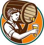 Woman Bartender Pouring Keg Barrel Beer Retro