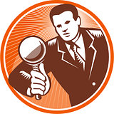 Businessman Holding Looking Magnifying Glass Woodcut