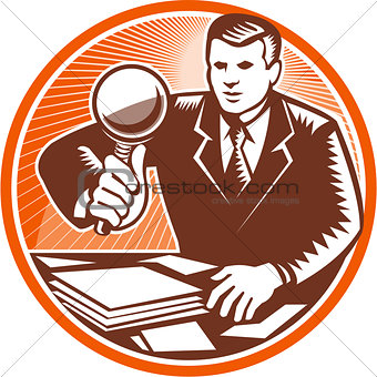 Businessman Magnifying Glass Looking Documents