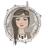 Cute native american girl and feathers frame.