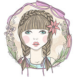 Pretty girl with flowers and butterfly element frame.