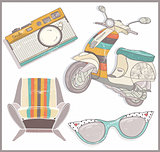Retro elements set. Armchair, scooter,camera and sunglasses