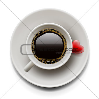 Cup of coffee with heart on plate, vector Eps10 image