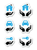 Home, car, keys with hands icons set