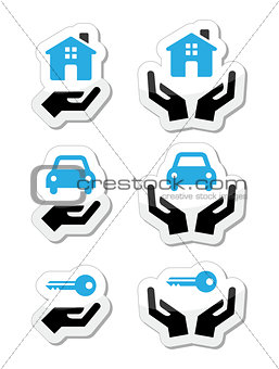 Home, car, keys with hands icons set