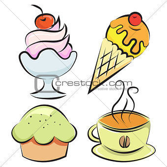 Set. Desserts and coffee. Vector illustration