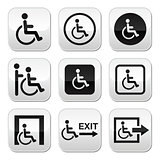 Man on wheelchair, disabled, emergency exit buttons set