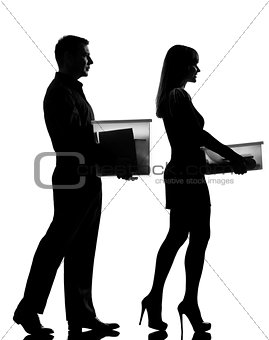 one couple man and woman walking carrying boxes happy