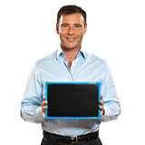 one man holding a blackboard copy space message