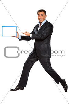 one man running jumping holding whiteboard