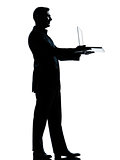 one business man silhouette showing holding offering holding com