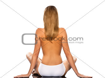  rear view back woman Topless sitting with long blond hair
