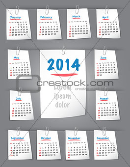 Calendar for 2014 year on sticky notes attached to the backgroun