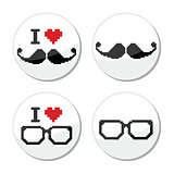 I love glasses and mustache / moustache icons set