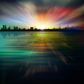 abstract background with silhouette of city and sunrise