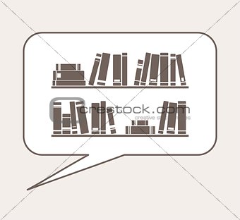 Books on the shelves simply retro vector illustration in speech bubble balloon