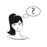 Young, hand drawn in simply glamour design style, thinking girl with black hair and question mark in bubble speech