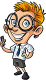 Cute cartoon nerd with mobile phone