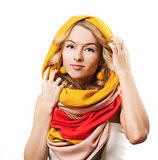 Blonde Woman in Yellow Hood. Isolated on White.