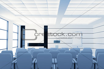 empty modern conference room with microphones and visual board and chairs
