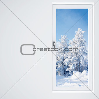light wall, window and beautiful winter landscape