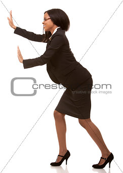 business woman pushing invisible object