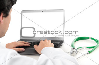 doctor and laptop with blank screen