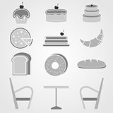 Variety of bakery icons in coffee shop