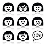 Smiley girl or woman faces, avatar vector icons set