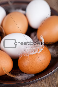 eggs and feathers in a plate