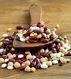 Assortment of different types of beans - red beans, chickpeas, peas