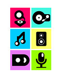 Vector neon colored music icons, flat design