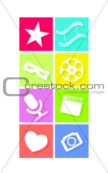 Set of flat neon colored cinema icons