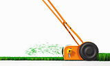 A side view of a push lawn mower at work