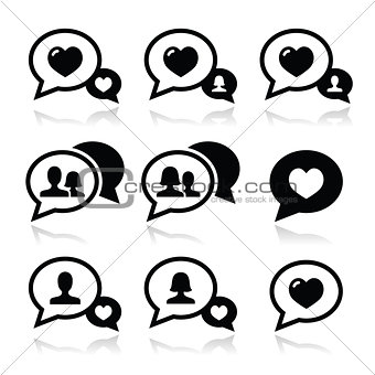 Love speech bubbles, couples vector icons set