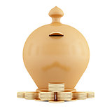 Clay piggy bank and coins