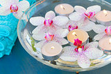 burning  candles and pink  orchid flowers close up