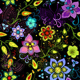 Black seamless floral pattern with transparent butterflies