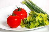 Tomatoes and green onion on a white plate