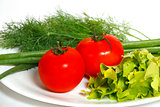 Tomatoes and greens on a white plate