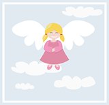 Happy blond angel girl flying in the blue sky, with clouds - vector illustration