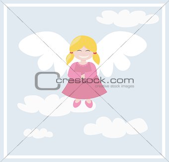 Happy blond angel girl flying in the blue sky, with clouds - vector illustration