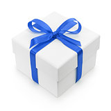 white textured gift box with blue ribbon bow