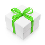 white textured gift box with green ribbon bow